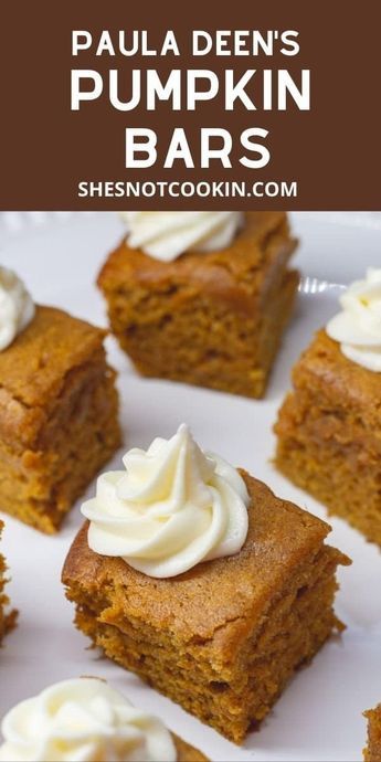 pumpkin bars with cream cheese frosting on top and the words, paula deen's pumpkin bars