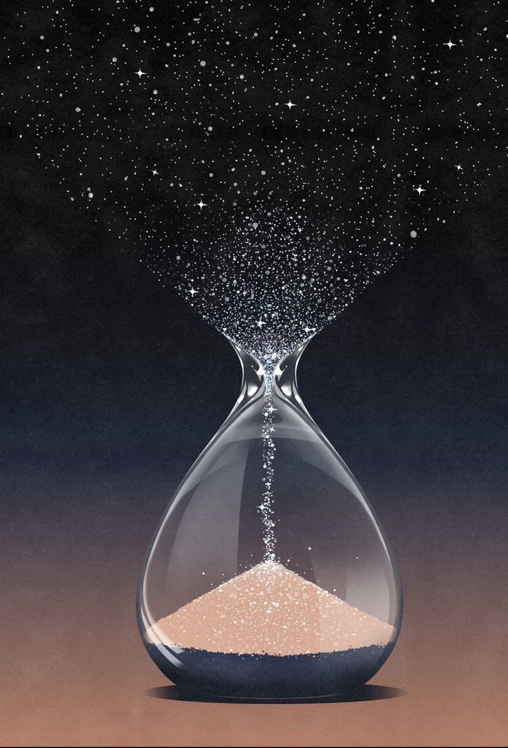 an hourglass with sand falling into it and stars in the night sky behind it