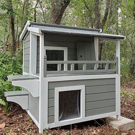 a dog house built into the side of a forest