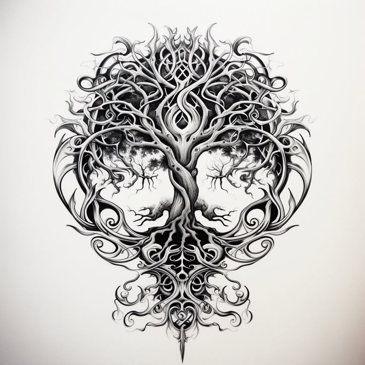 a drawing of a tree with two faces in the center and an intricate design on it