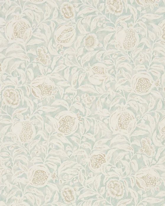 a white and blue wallpaper with flowers on it's side, in an ornate pattern