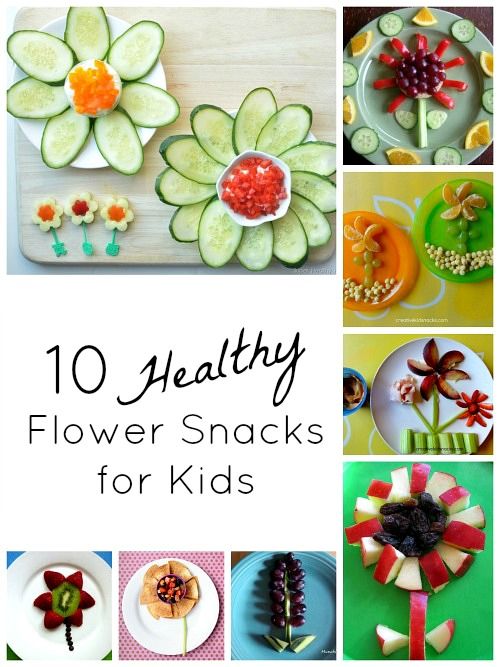 the cover of 10 healthy flower snacks for kids is shown with pictures of flowers and fruits