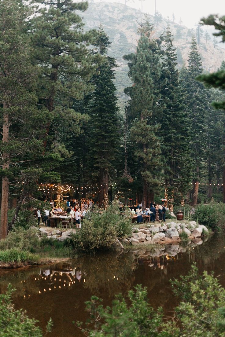 a group of people sitting at a table in the middle of a forest next to a river