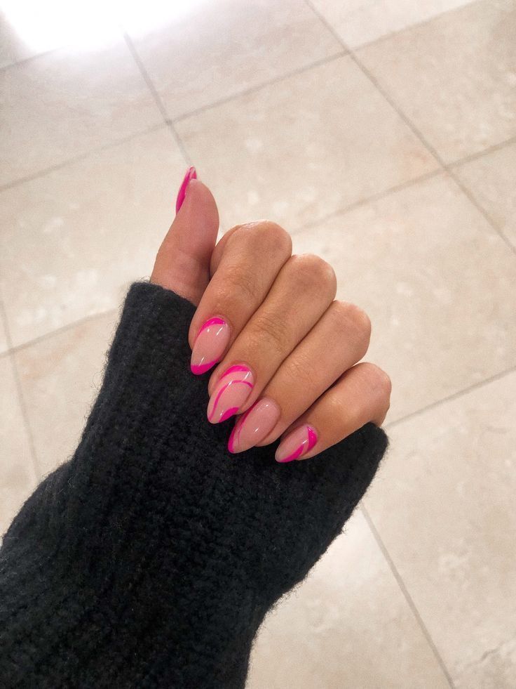 Simple Nails Almond Pink, Cute Nails Acrylic Almond Pink, Cute Pink Nail Ideas Almond, Pink Oval Nails Designs, Cute Almond Nails Design Pink, Hot Pink Oval Nails Designs, Almond Pink Nail Designs, Simple Pink Nail Designs Almond, Pink Prom Nails Almond