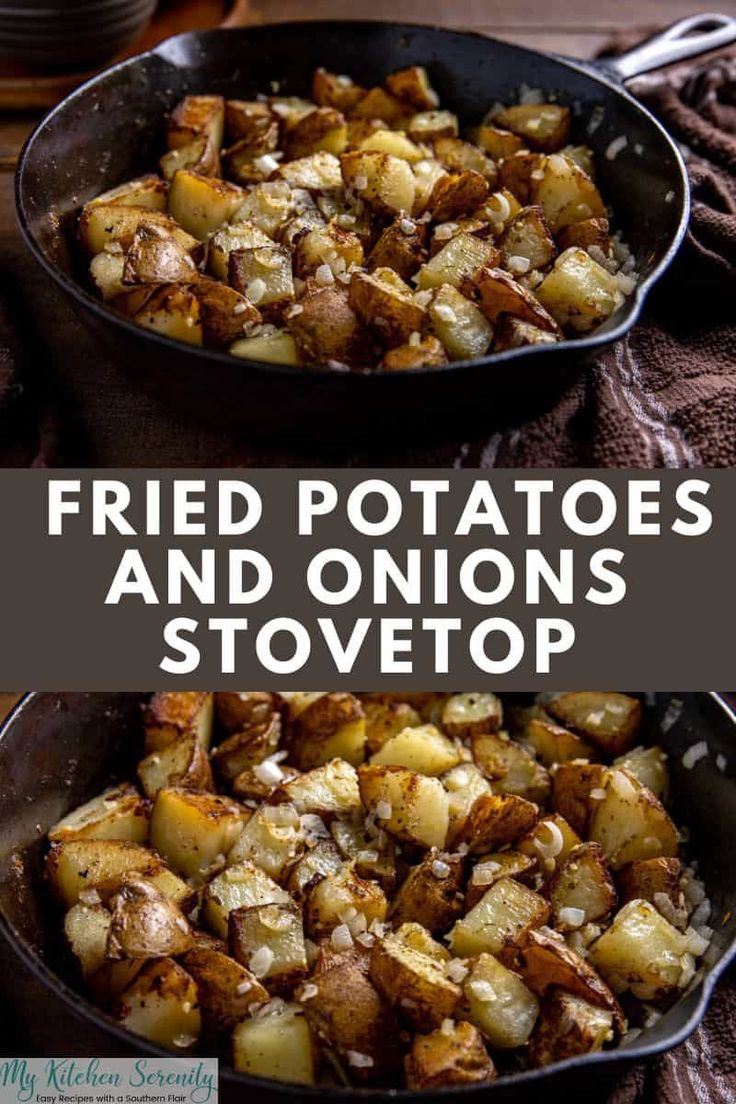 two pans filled with fried potatoes and onions in them on top of a table