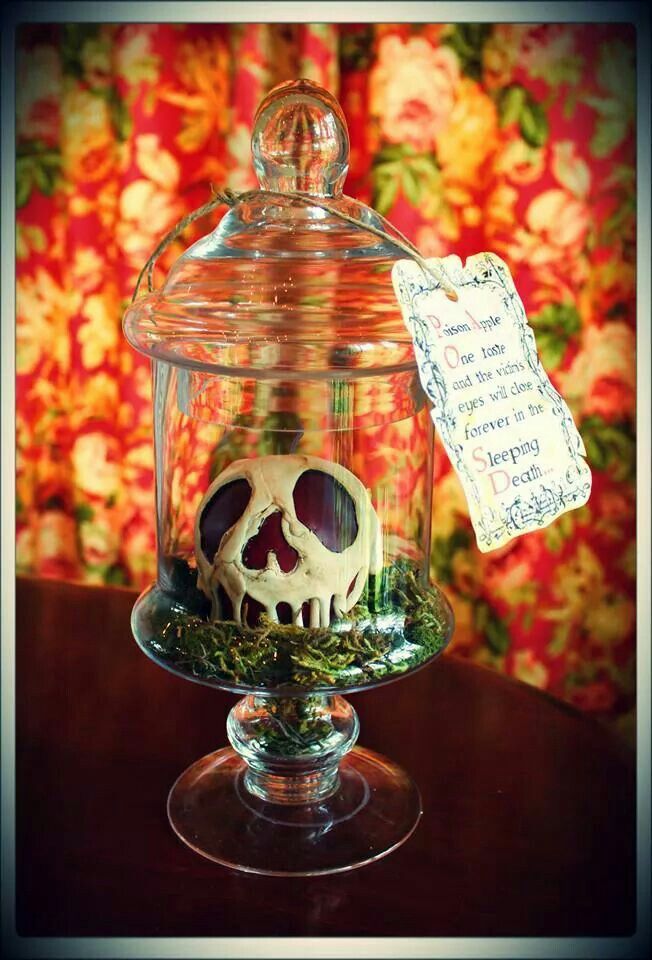 a glass jar with a skull inside on a table