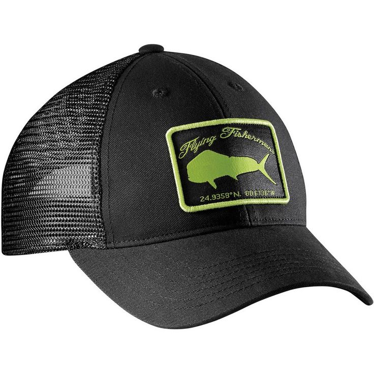 The Flying Fisherman Mahi Trucker Hat has that classic mesh back look with an adjustable snap back closure. It features a curved bill stitching and a non-glare undervisor. The Mahi woven label patch is front and center and also has a logo tag on the back. One size fits most. Features: Washed cotton twill and mesh back. Adjustable snap back closure. Non-glare under visor. Provides 98% UV protection. Woven label patch on front and logo tag on back. Fisherman Logo, Trucker Hat Black, Fly Fisherman, Black Crown, Hat Stands, Fishing Hat, Mahi Mahi, Scarf Hat, Woven Labels