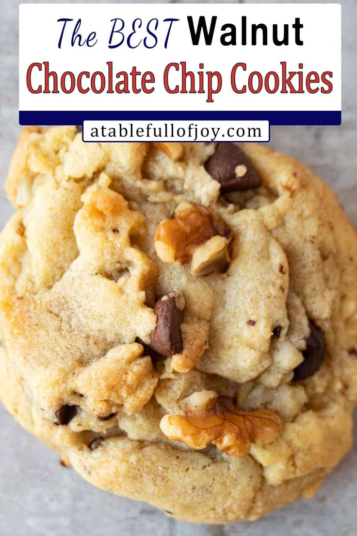 the best walnut chocolate chip cookies on a marble counter top with text overlay that reads, the best walnut chocolate chip cookies