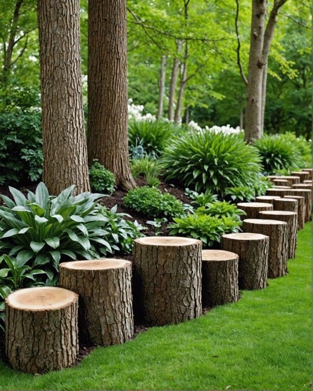 several trees that have been cut down and arranged in the grass with some plants around them