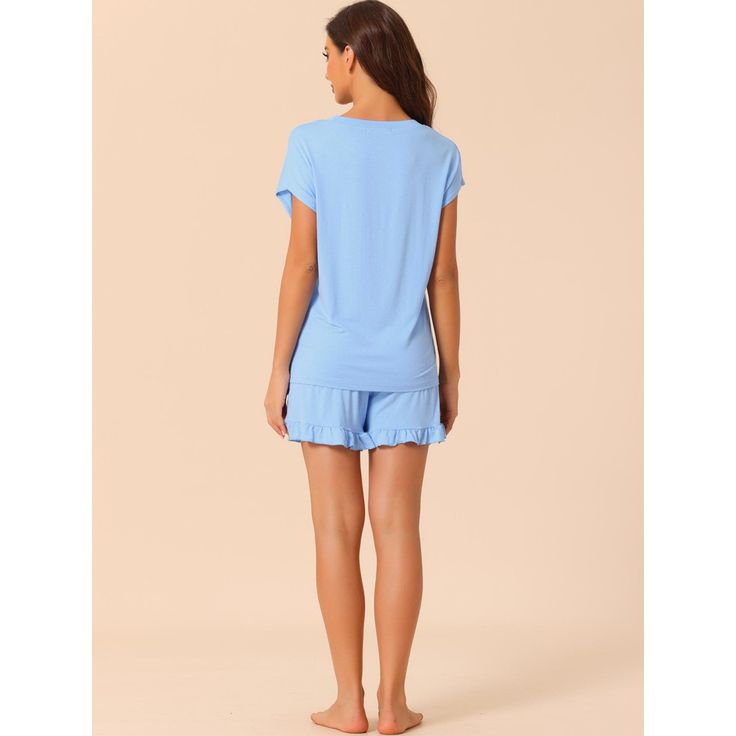 This style of lounge set is easy to put on or take off, which can give you a light and simple dressing experience and keep you nice and comfortable all day. The top features a round neck and short sleeves, and the shorts feature ruffle trim and an elastic waist. The casual pajamas set for women is soft, breathable, and comfortable to wear. This pajamas set is casual and classy; even if guests visit suddenly, you won't feel embarrassed, making your home life more convenient. The pajama sets also Casual Solid Color Pajama Shorts For Bedtime, Casual Blue Pajama Shorts For Bedtime, Comfortable Blue Pajama Shorts For Loungewear, Light Blue Summer Sleepwear For Lounging, Light Blue Casual Top For Pajama Party, Casual Light Blue Tops For Pajama Party, Casual Light Blue Sleepwear For Loungewear, Relaxed Fit Light Blue Sleepwear For Loungewear, Light Blue Casual Sleepwear For Sleepover