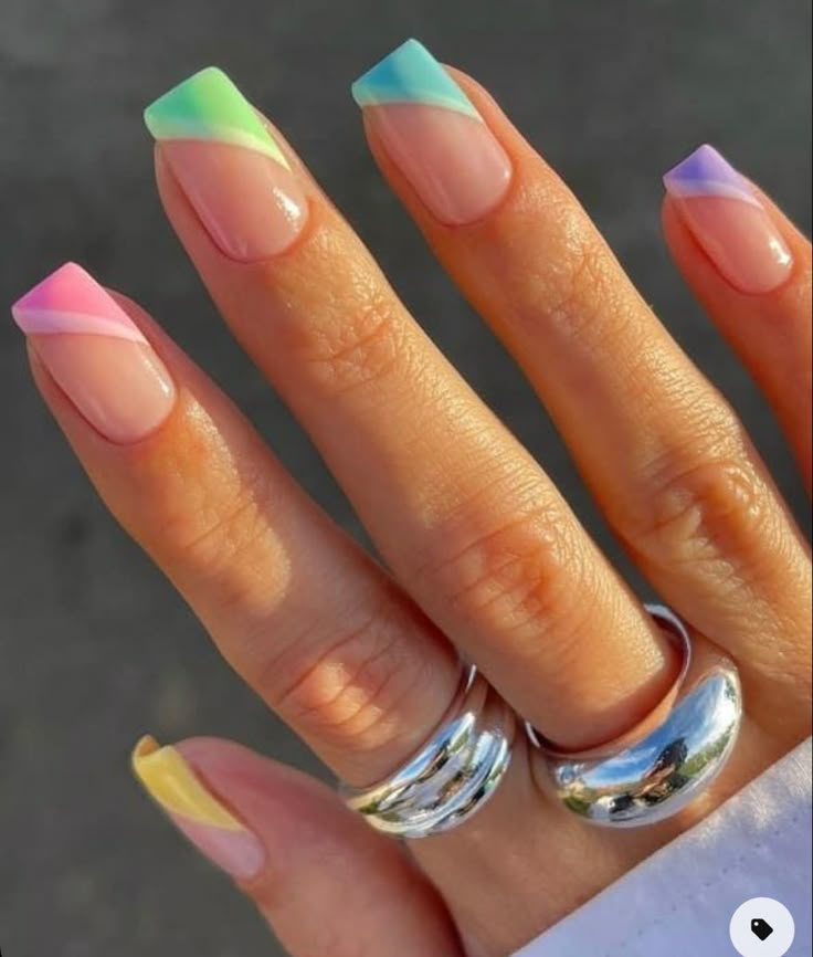 Colored French Nails, Nail Spring, Nail 2024, Spring Rainbow, Summer Nails 2023, Spring Bright, Multicolored Nails, Easter Nail, Easter Nail Designs