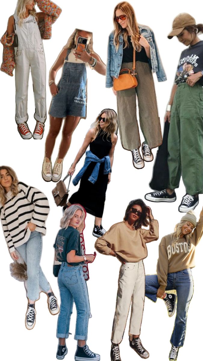 the collage shows many different people in various outfits and shoes, all wearing hats