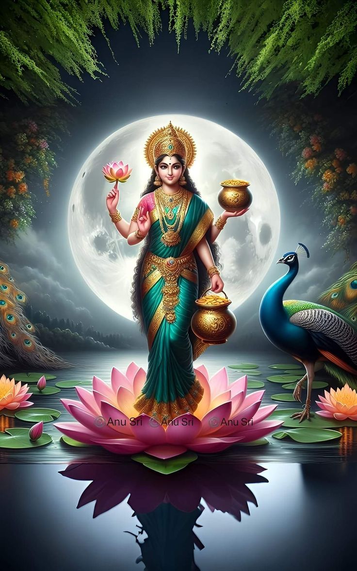 the goddess is standing on lotuses in front of a full moon and water scene