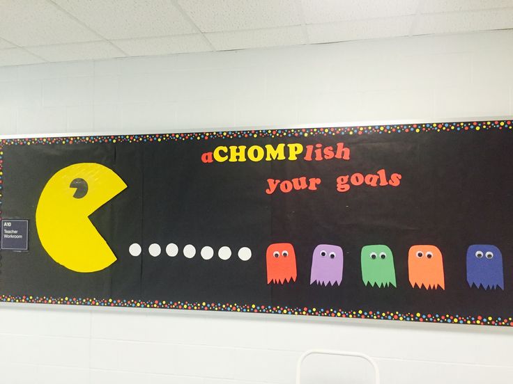 a bulletin board with pacman faces and words that read chompish your goals