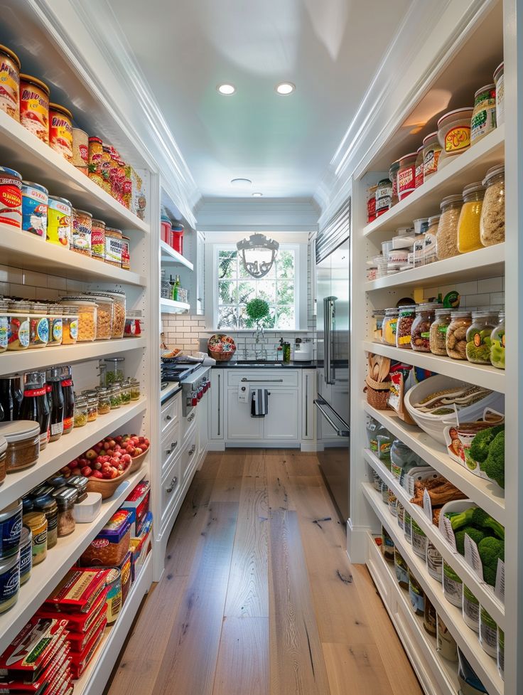 an organized pantry with lots of food in the shelves and wood flooring on both sides