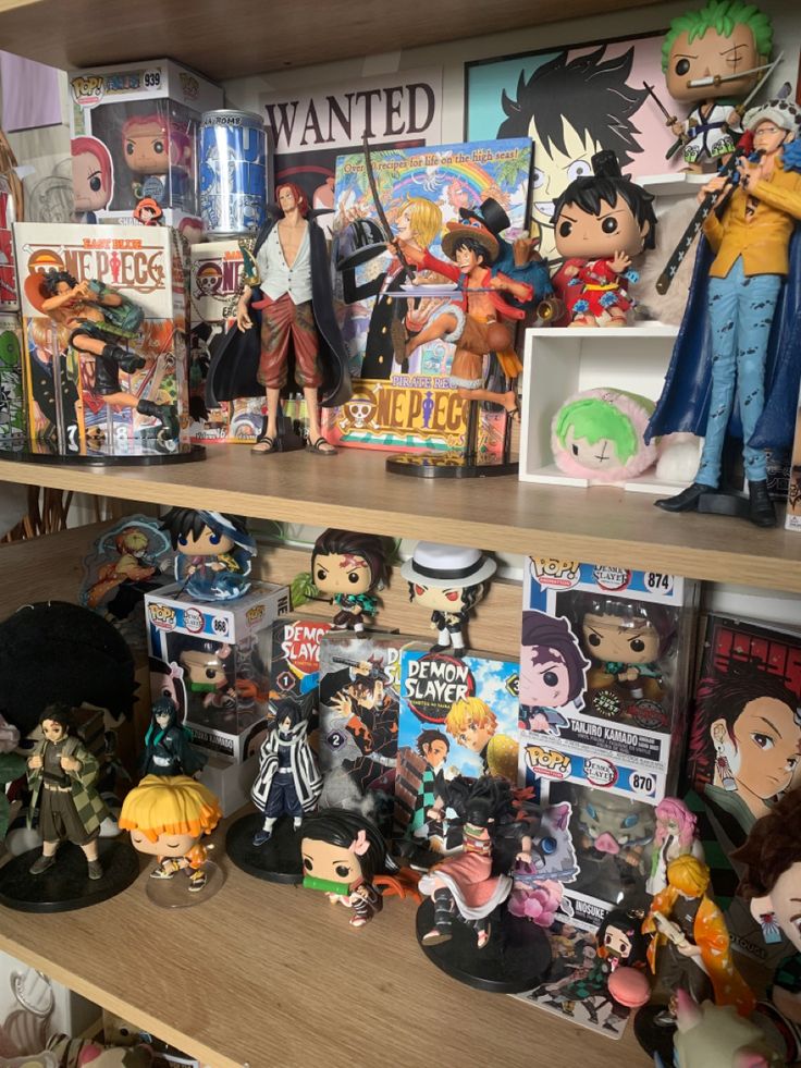 shelves filled with anime figurines and other collectibles on top of them