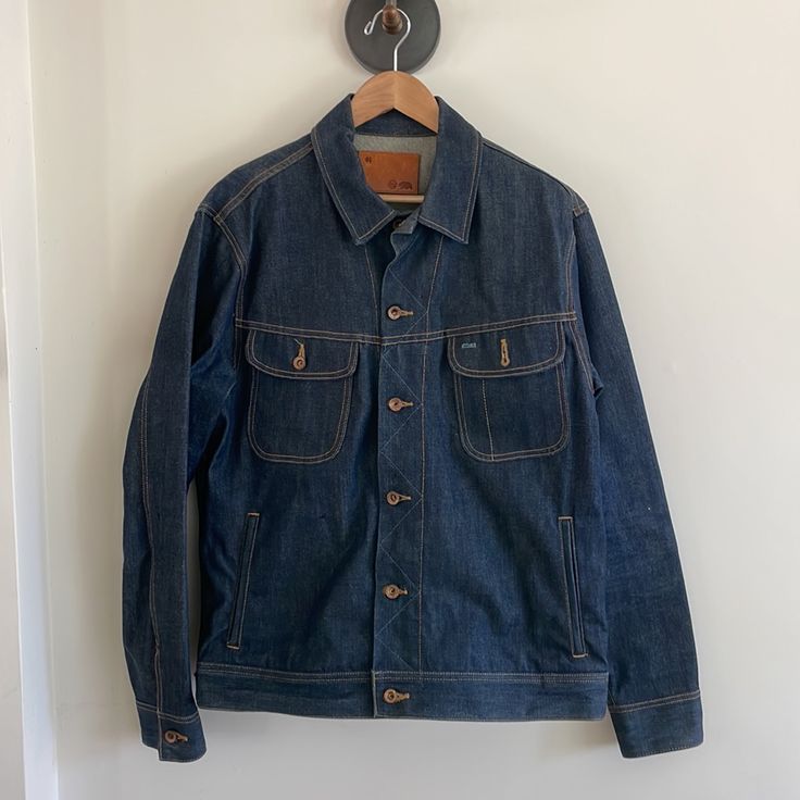 Worn Only Once! This Jacket Is In Prime Condition. Handmade In California, 100% Cotton Selvedge Denim Blue Cotton Jacket, Fitted Denim Outerwear With Contrast Stitching, Spring Denim Blue Jacket With Contrast Stitching, Spring Denim Jacket With Contrast Stitching, Dark Wash Selvedge Outerwear For Work, Casual Selvedge Denim Jacket In Denim Blue, Casual Selvedge Denim Jacket In Relaxed Fit, Fall Denim Blue Outerwear With Contrast Stitching, Casual Cotton Denim Jacket With Double-needle Stitching