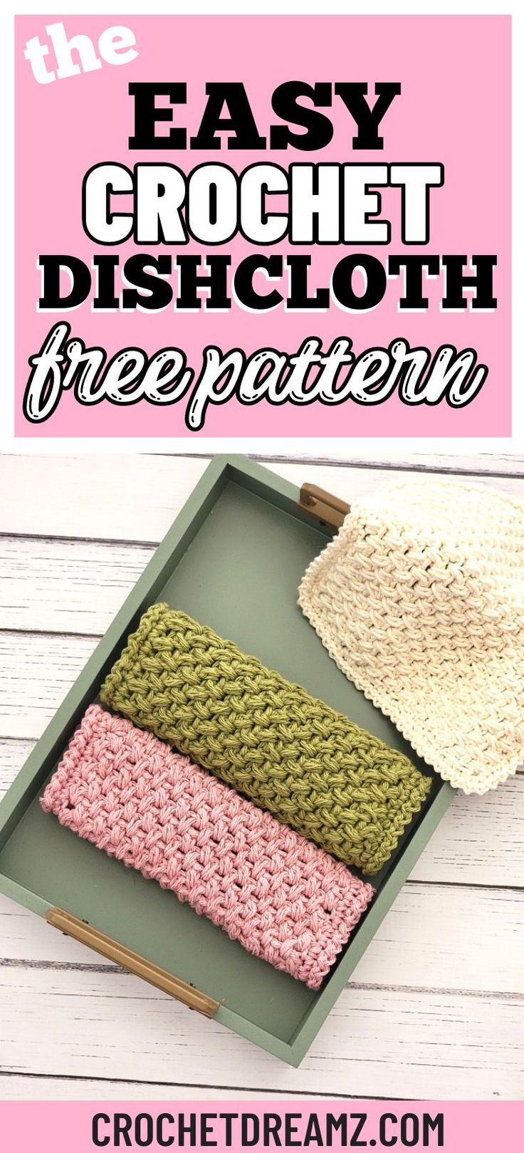 the easy crochet dishcloth free pattern is shown in three different colors and sizes