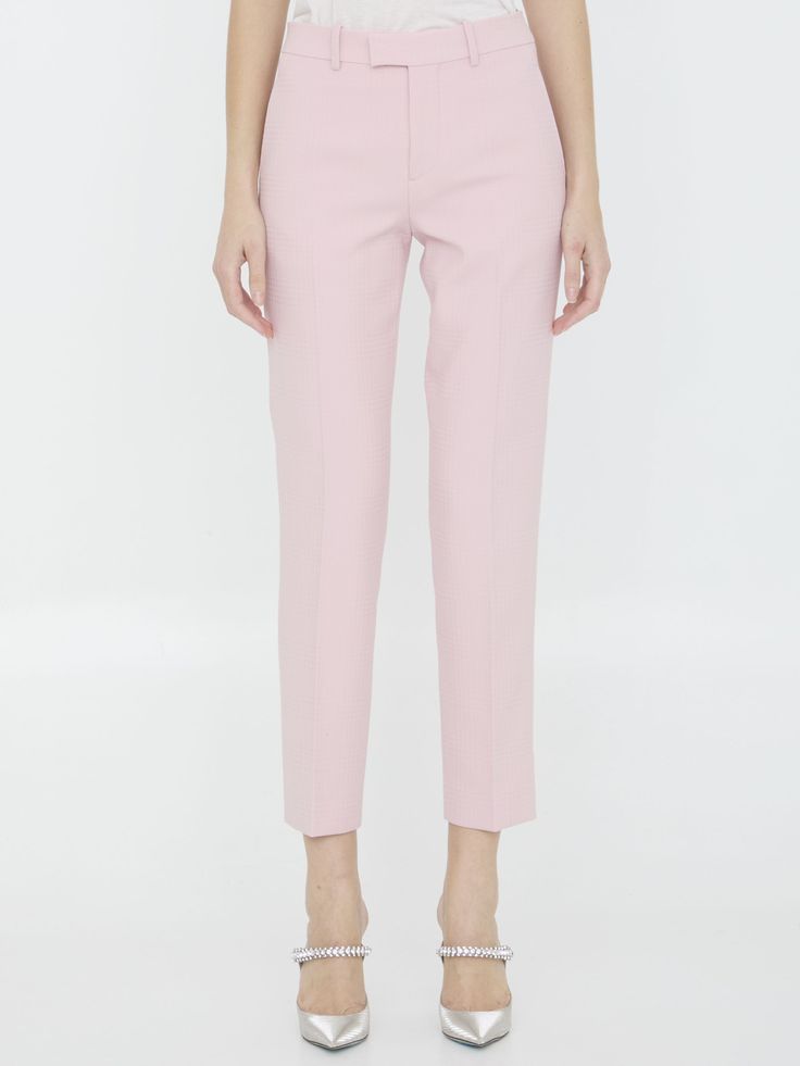 Tailored trousers in pink wool. It features zip, button and hook-and-eye closure, two side welt pockets, one rear welt pocket and belt loops. Regular fit. The model is 181cm tall and wears size UK 4.    Size nationality: UK  Product number: 8384601  Product code: 8082792B8640  Composition: 100% virgin wool Platform Wedge Heels, Loafer Sneakers, Dress Pant, Premium Brands, Tailored Trousers, Pump Sandals, Clothes Collection, Cardigan Jacket, Bag Straps