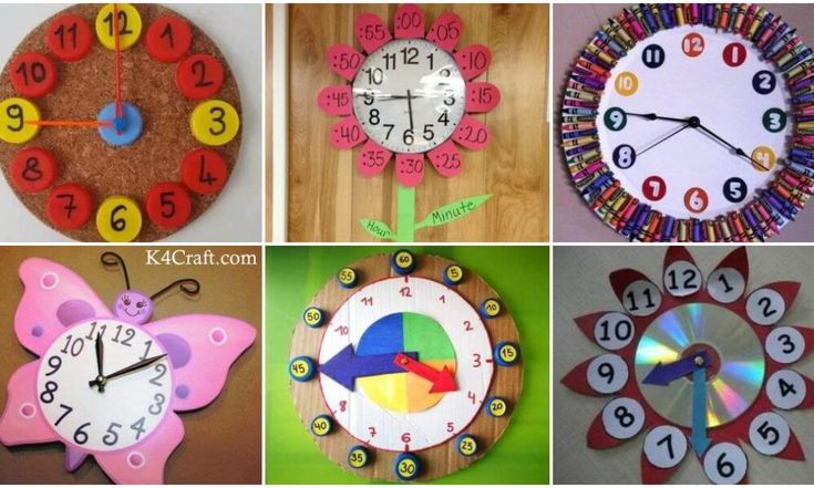 four different clocks made out of paper with numbers and shapes on them, each one has a butterfly