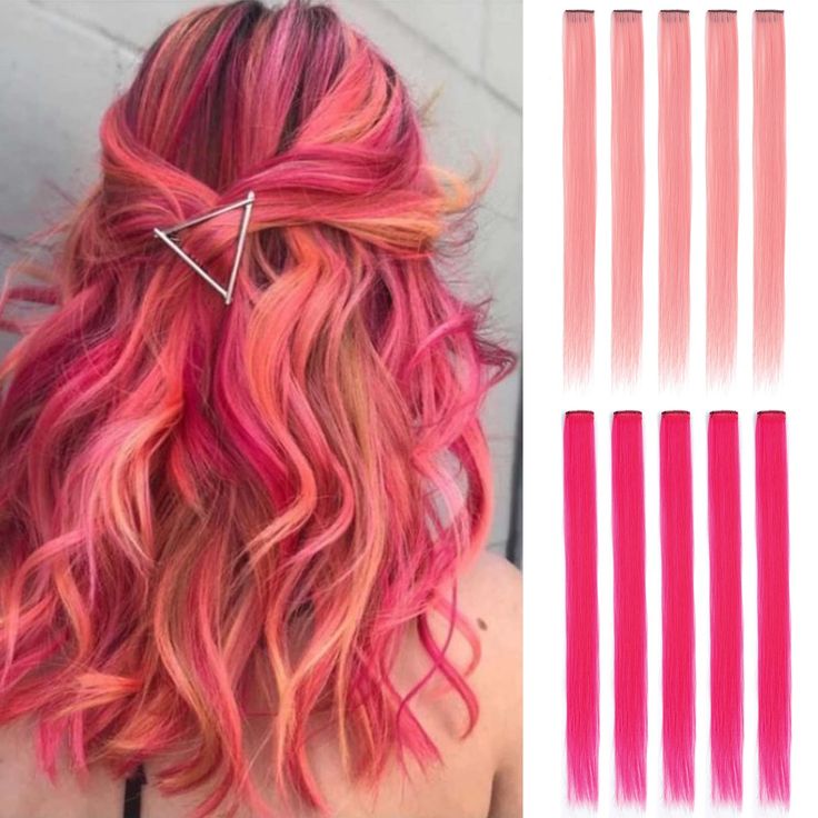 PRICES MAY VARY. 🌈EASY TO USE: Clip-on straight hair extensions, each with a separate clip, seamless front design, thin and invisible; back metal clip design, easy to install and remove. 🌈Material: High quality synthetic fiber. Hand stitching is used between the hair and the clip, it looks real and you can restyle it with scissors and curling irons. 🌈Hair color is natural and shiny (There Maybe Small Difference Between the colors on the picture and the Product You Received Due to the Light an Sunset Hair Color Ombre, Pink Hair Inspiration, Rainbow Hair Extensions, Alternative Beauty, Vivid Hair, Sunset Hair, Bridesmaid Hair Comb, Gothic Angel, Rainbow Hair Color