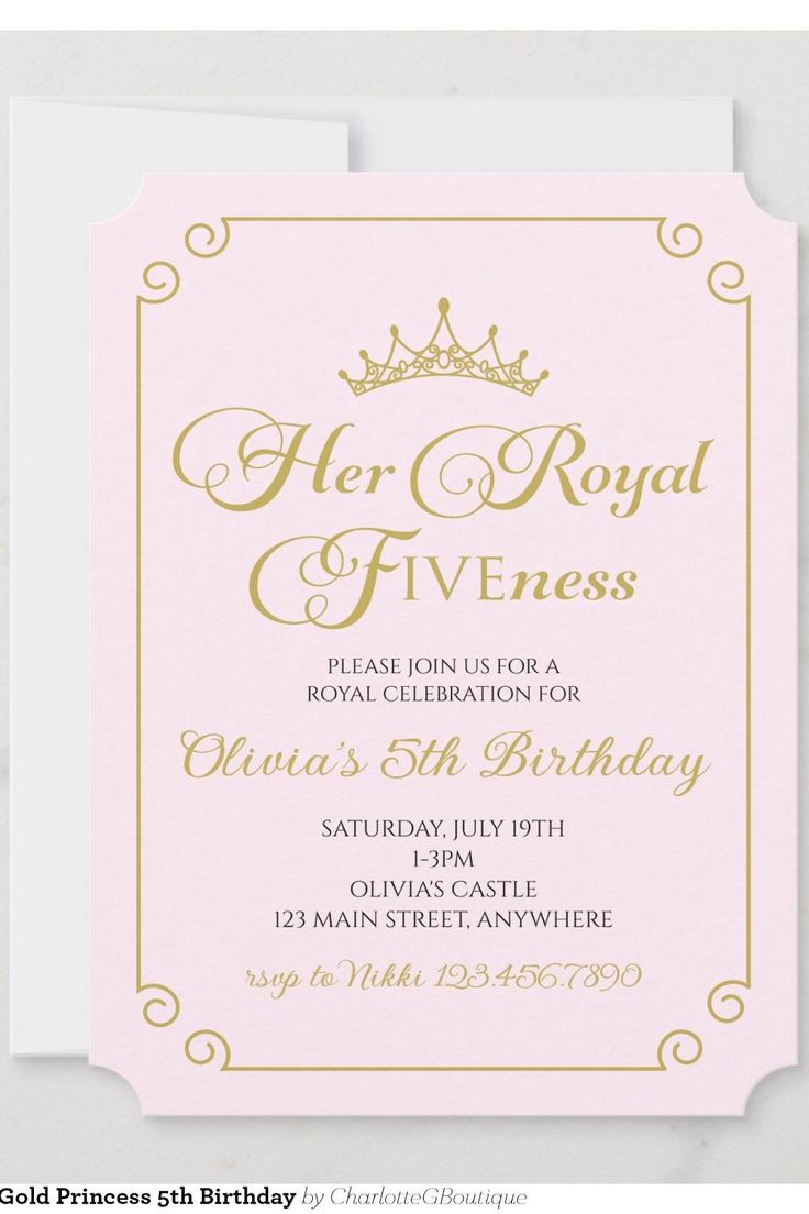 a pink and gold princess birthday party card with a crown on the front, in gold foil