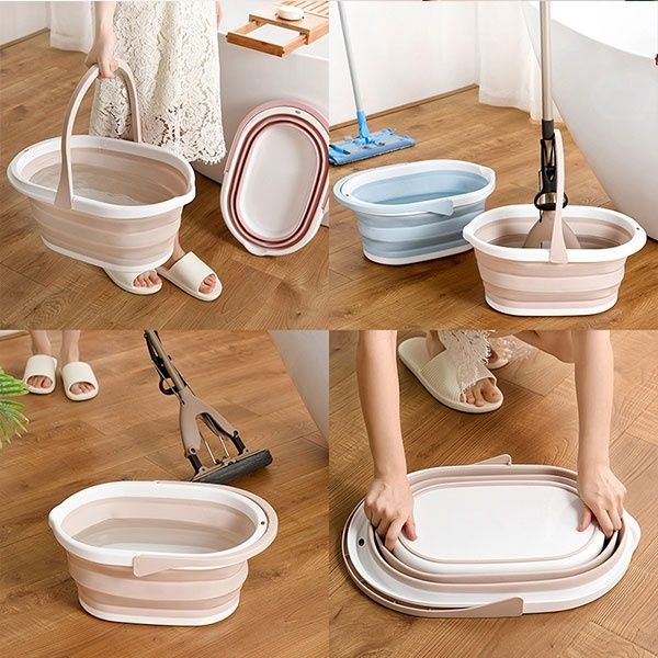 four pictures showing how to make a collapsible bowl with handles and feet