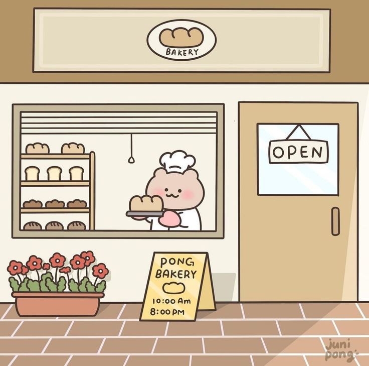 an open sign in front of a bakery with flowers and breads on the counter