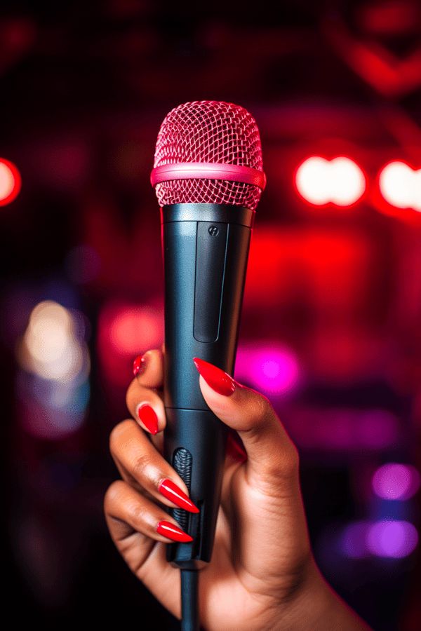 a woman's hand holding a microphone in front of a red and purple background