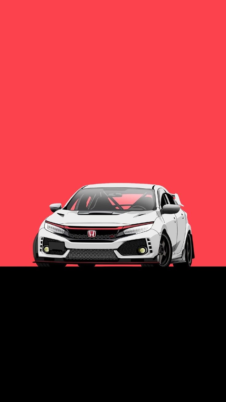 the front end of a white car against a red background