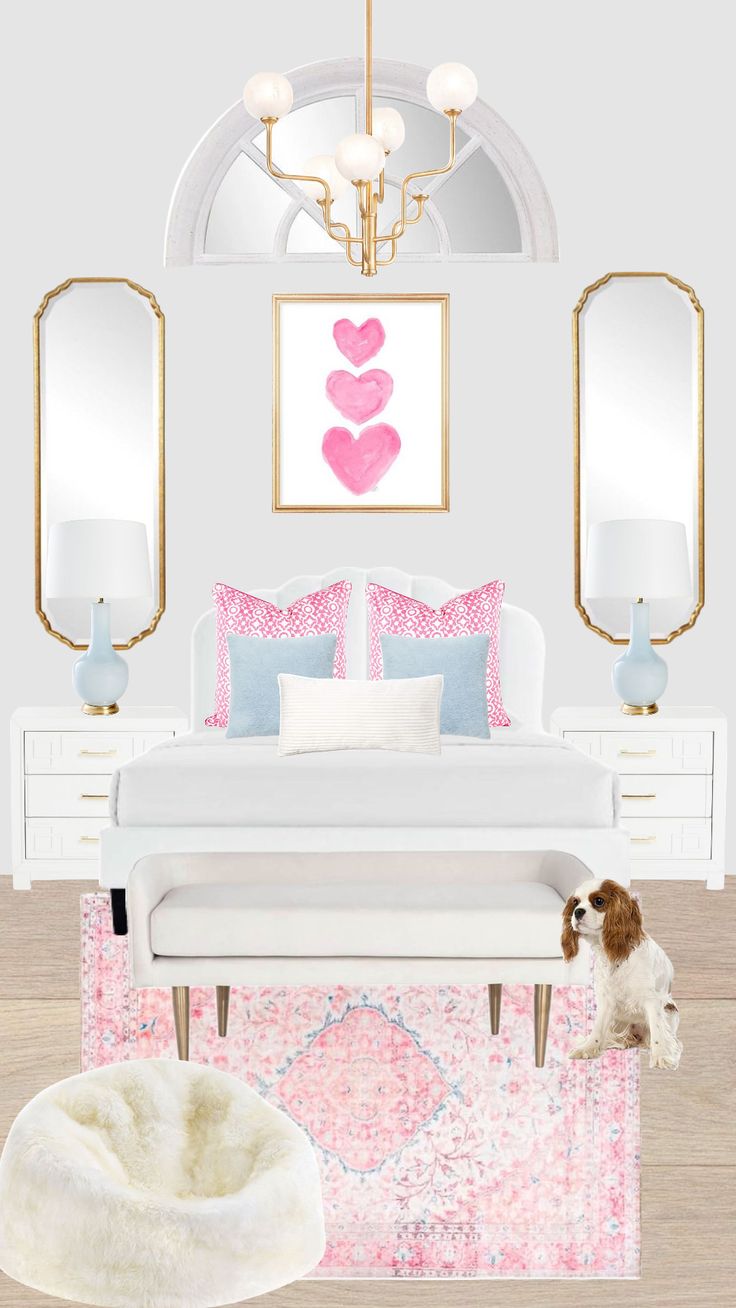 a white bed sitting next to a pink rug on top of a hard wood floor