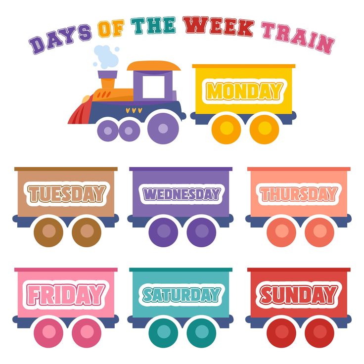 the days of the week train is shown in different colors and font options for each child's name