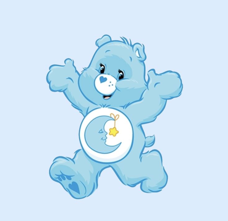 a blue teddy bear holding a star and moon on it's back with its paws in the air