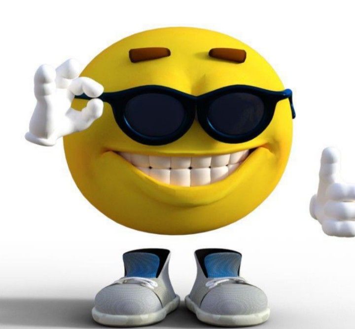 a smiley face wearing sunglasses giving the thumbs up sign with both hands, while standing in front of a pair of white tennis shoes