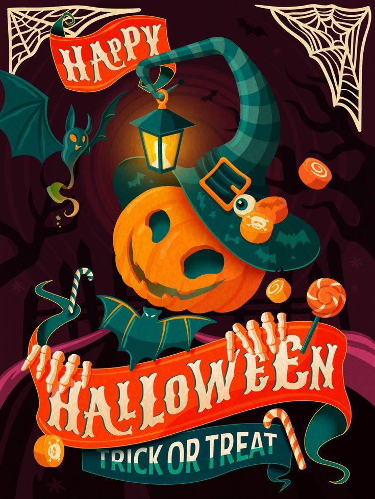 a halloween poster with pumpkins, bats and witches on it's side for trick or treat