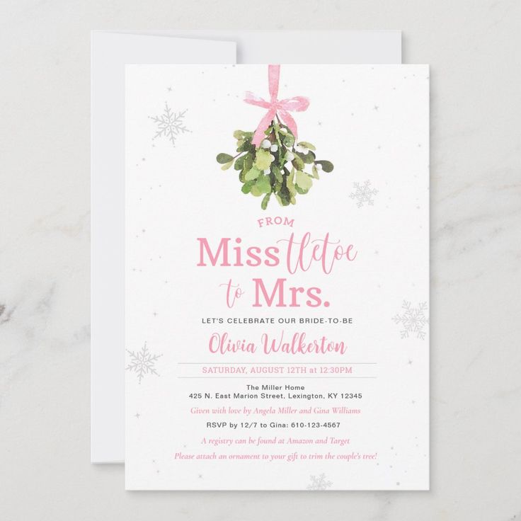 a pink and white card with snowflakes on it, says miss you to mrs