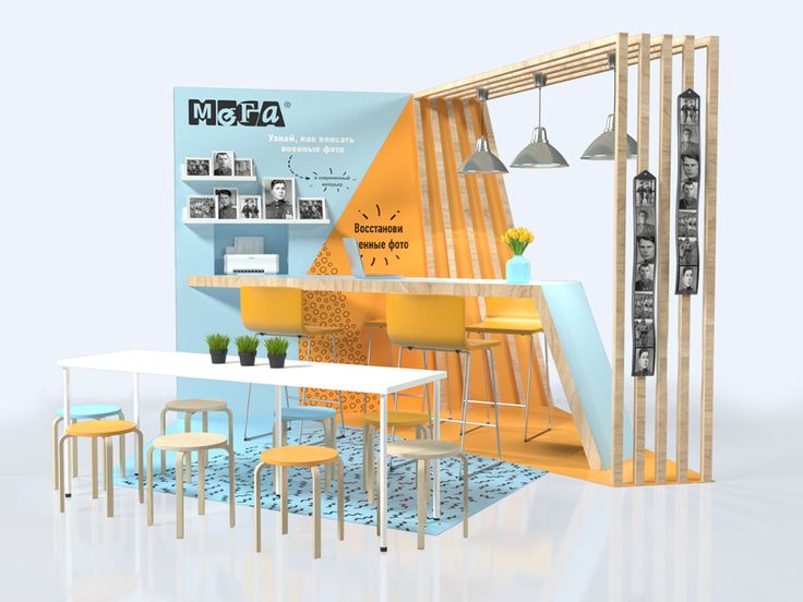 an exhibit booth designed to look like a museum with yellow chairs and tables in front of it