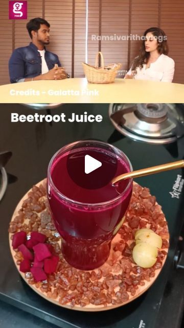 two people sitting at a table and one is holding a bowl of beetroot juice