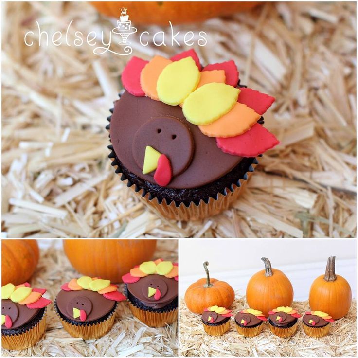 cupcakes decorated like turkeys and pumpkins on hay