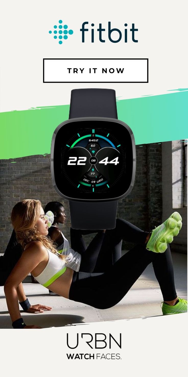 an advertisement for the fitbitt watch with a woman doing push ups on her leg