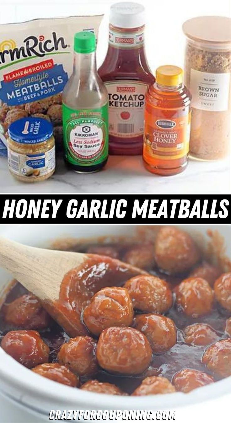 the ingredients to make honey garlic meatballs are shown