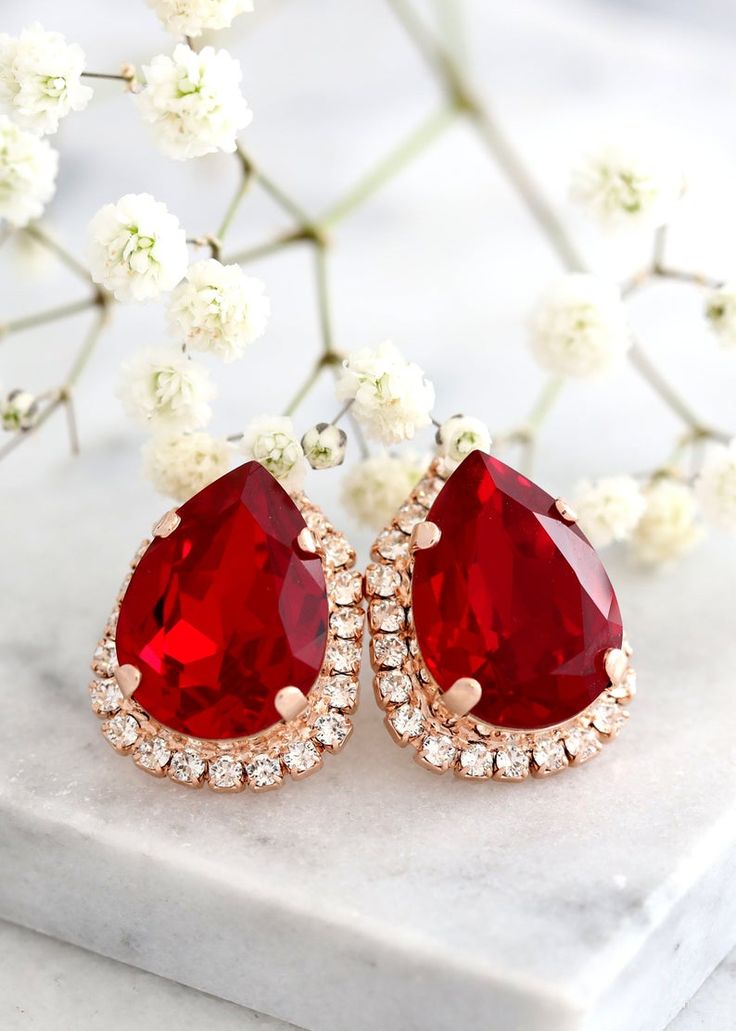 RUBY RED EARRINGS Ruby Red Bridal Crystal Earrings Teardrop | Etsy#rubyearrings #redeasrrings #rubywedding #redstudearrings Luxury Ruby Drop Bridal Earrings, Luxury Red Ruby Bridal Earrings, Classic Red Ruby Earrings, Classic Ruby Red Earrings, Red Crystal Round Earrings, Climbing Earrings, Red Earrings Stud, Red Studs, Gray Earrings