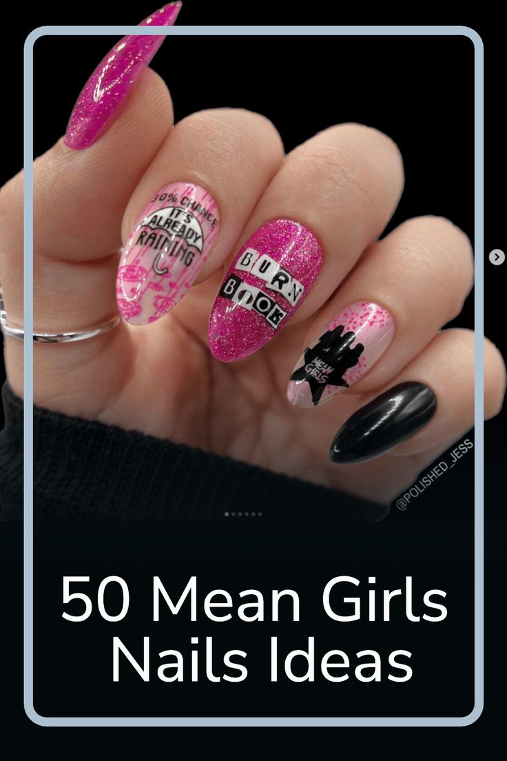 Are you ready to channel your inner Regina George or unleash your Pink Wednesdays? Dive into the world of Mean Girls nails, where creativity meets sass. From iconic quotes to trendy designs, these nail art ideas will have you feeling like the ultimate queen bee. Get inspired and let your nails do the talking – it's time to slay! Girls Nails Ideas, Mean Girls Nails, Wednesday Nails, Edgy Nail Art, Girls Nail Designs, Iconic Quotes, Queen Nails, Fake Nails Designs, Nail Looks