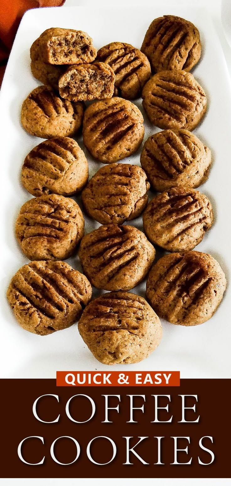 coffee cookies line up in white rectangular white platter. Coffee Ground Cookies, Expresso Cookies Recipes, Gluten Free Coffee Cookies, Coffee Cake Cookies Crumbl, Coffee Cookie Bars, Healthy Coffee Cookies, Coffee Christmas Cookies, Instant Coffee Cookies, Coffee Cookies Recipes Easy