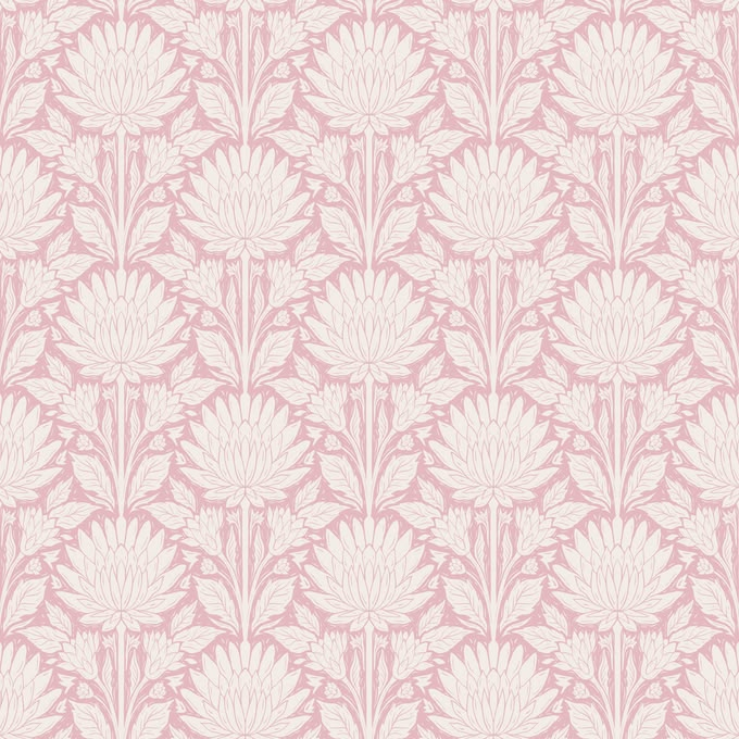 a pink and white wallpaper pattern with large leaves on the bottom half of it