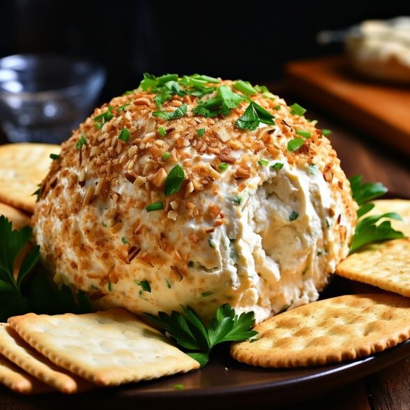 a cheese ball with crackers and parsley sprinkled around it on a plate