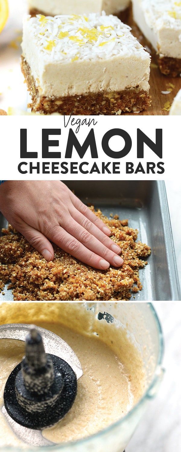 vegan lemon cheesecake bars in a glass bowl with the title above it and below