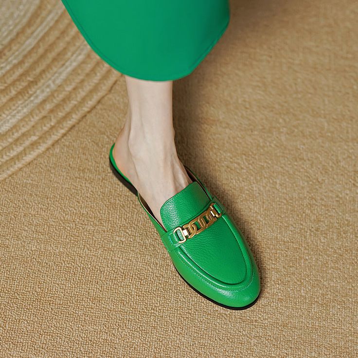 Handmade from premium leather. these loafer mules are really comfortable and breathable. Boasting chain decoration. these green mules help you show an easy chic look. Upper: Genuine Leather Lining: Genuine Leather Outsole: TPR Toe: Round Toe Closure: Slip on Color: White. Royal Blue. White is_handmade: Yes Elegant Green Slip-on Mules, Green Leather Loafers For Summer, Chic Green Mules For Formal Occasions, Green Slip-on Mules, Green Spring Formal Mules, Green Slip-on Loafers For Office, Trendy Green Mules For Spring, Chic Green Loafers For Spring, Green Slip-on Loafers For Spring