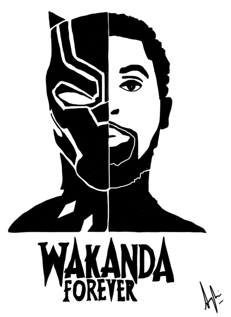 a black and white drawing of a man with the words wakanda forever