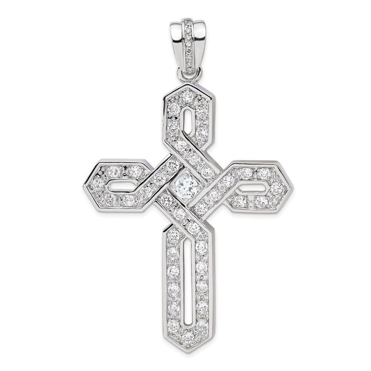 Sterling Silver CZ Cross Pendant Silver Pendant With Diamond Cut, Silver Pendant Jewelry With Diamond Cut, Silver Diamond Cut Pendant Jewelry, Silver Pendant Jewelry With Brilliant Cut, Elegant Diamond White Cross Jewelry, Sterling Silver Pave Setting Cross Pendant Jewelry, Sterling Silver Cross Pendant With Pave Setting, Silver Brilliant Cut Cross Pendant Jewelry, Sterling Silver Jewelry With Diamond Cut In Silver